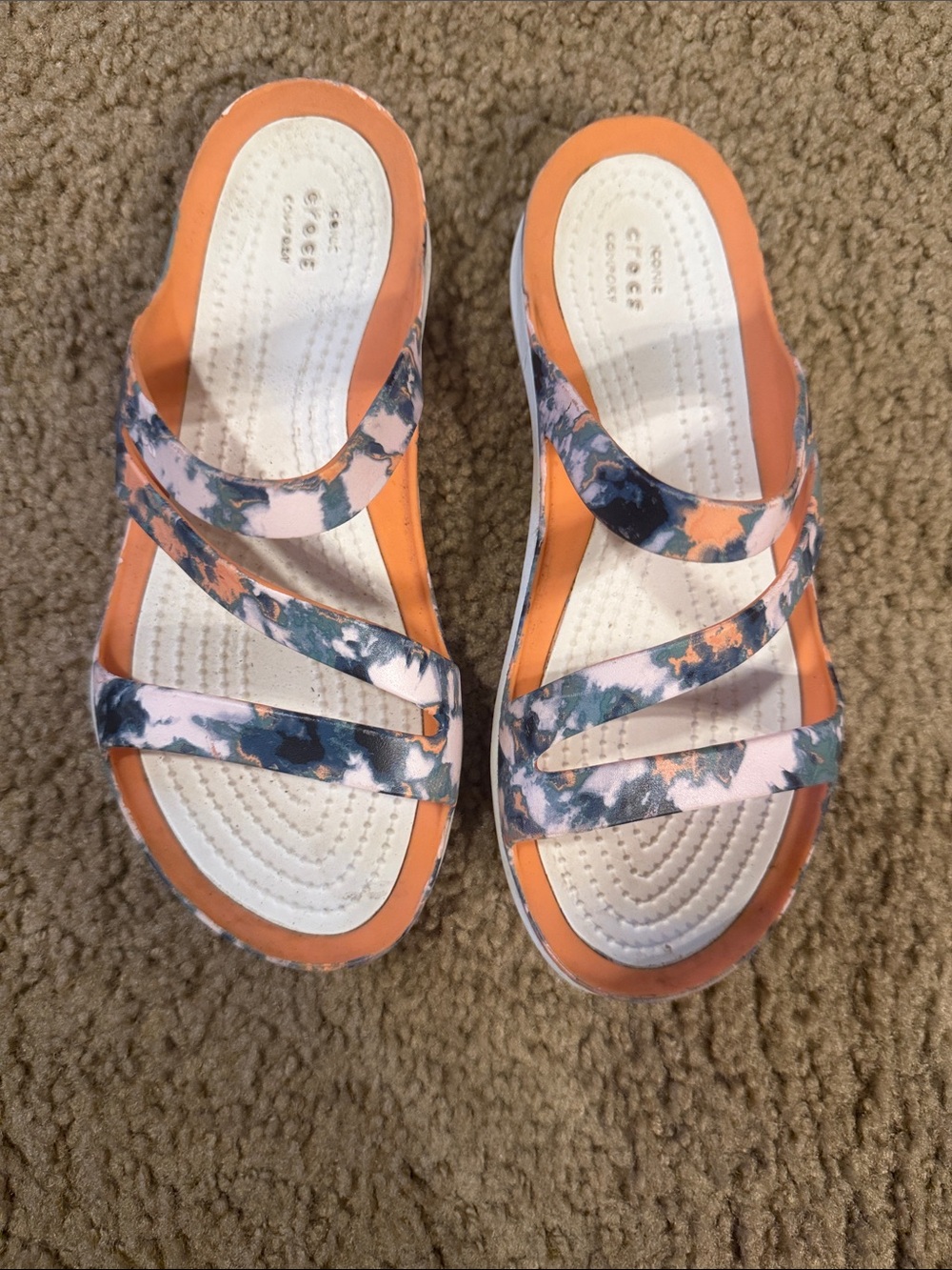 CROCS Women's Orange Sandals with Multi-Color Tie-Dye Straps